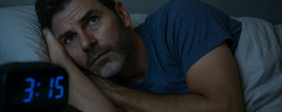 Mann liegt nachts wach im Bett und schaut nachdenklich an die Decke